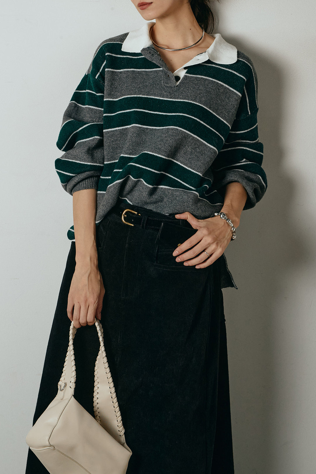 [SET]ラガーニットボーダーポロプルオーバー+ポーチベルト付きコーデュロイワイドスカート(2set)