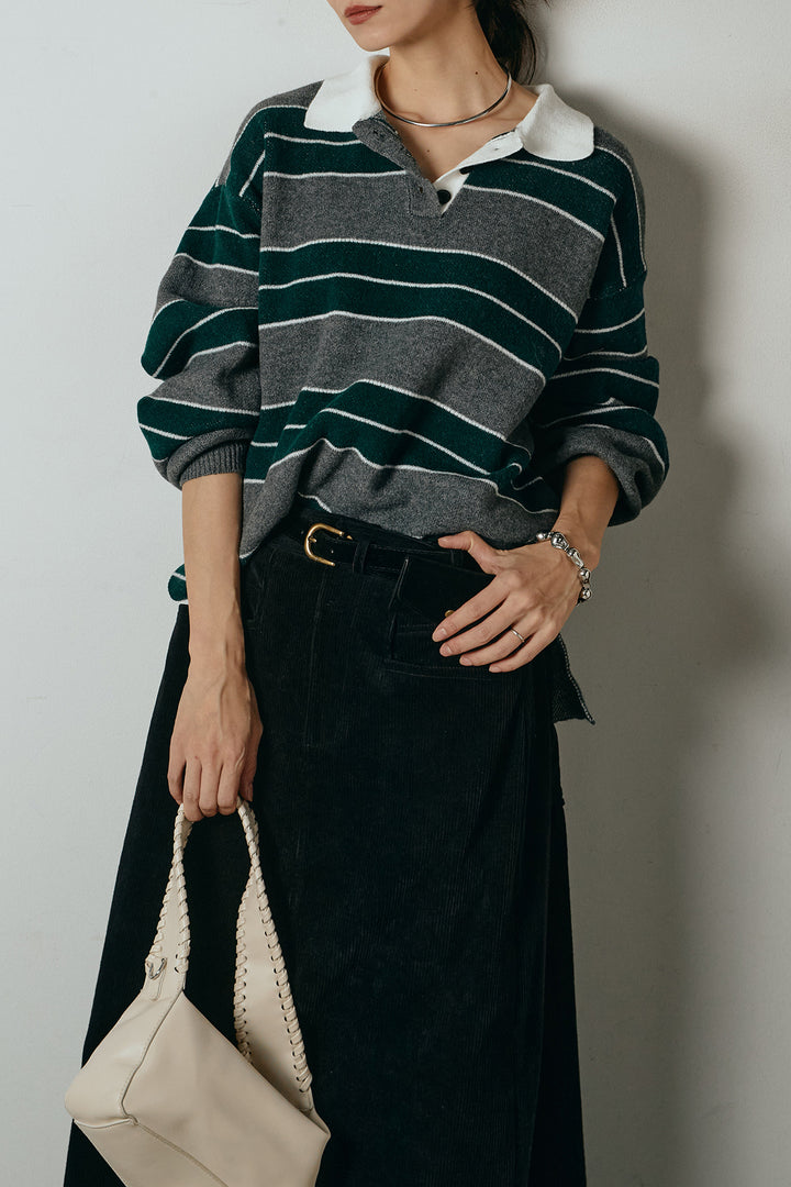[SET]ラガーニットボーダーポロプルオーバー+ポーチベルト付きコーデュロイワイドスカート(2set)