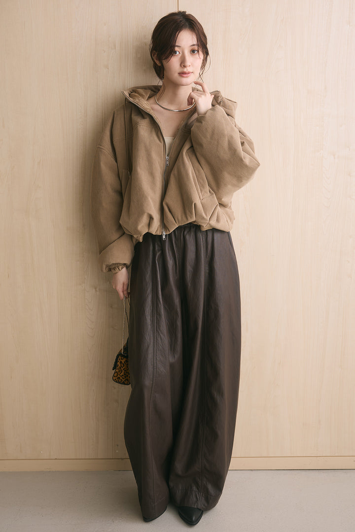 [SET]コーデュロイフーディバルーンブルゾン+フェイクレザーカーブワイドパンツ(2set)