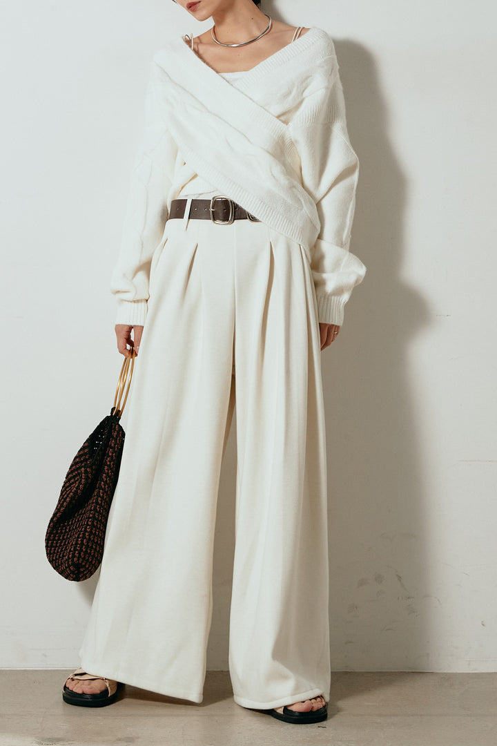 [SET]ケーブルカシュクールニットトップス+フェイクレザー太ベルト付きタックワイドパンツ(2set)