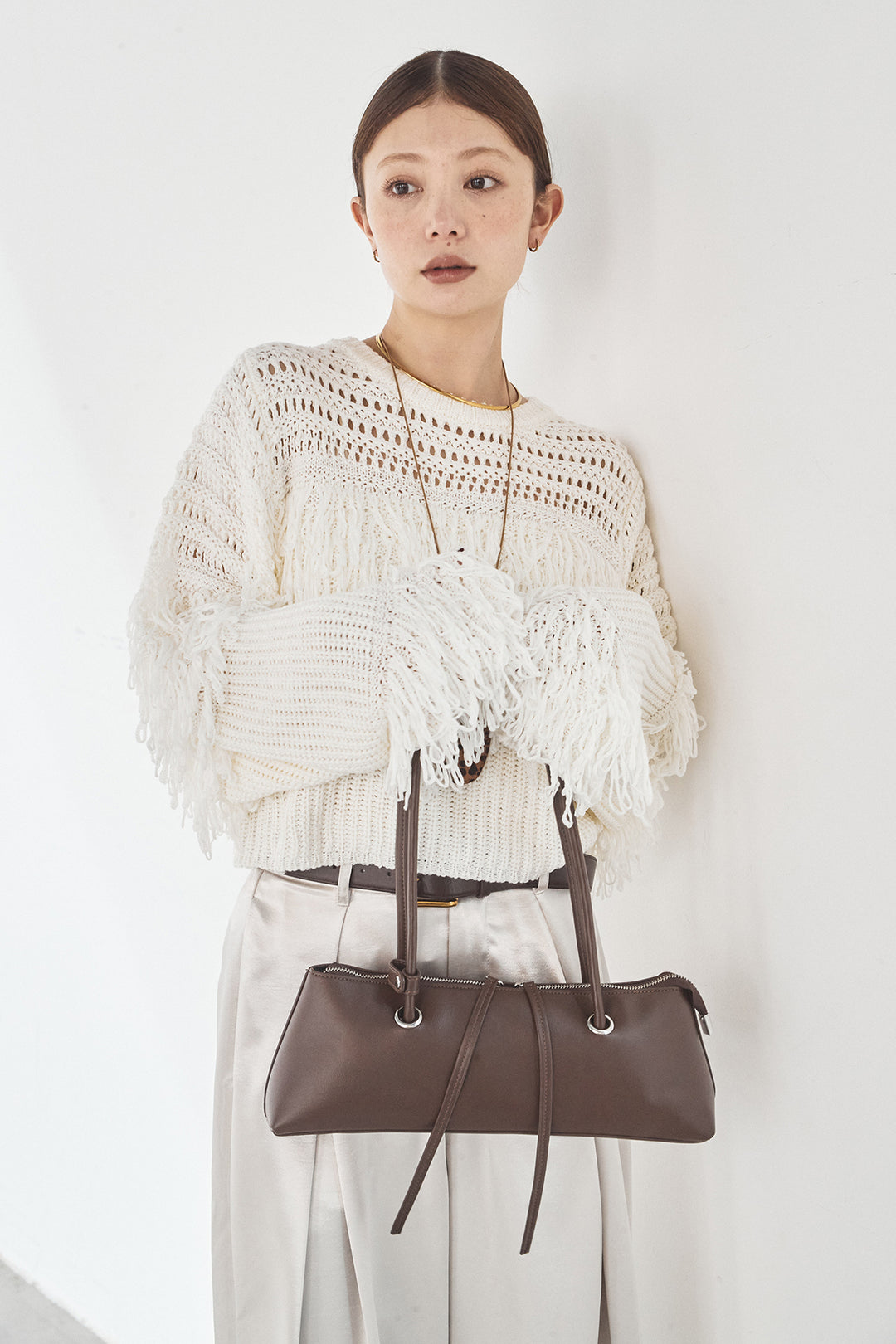 [SET]メッシュフリンジ切り替えプルオーバー+サテンタックワイドパンツ(2set)