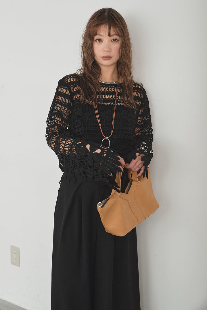 [SET]裾デザインメッシュプルオーバー+ベルト付きツータックワイドパンツ(2set)