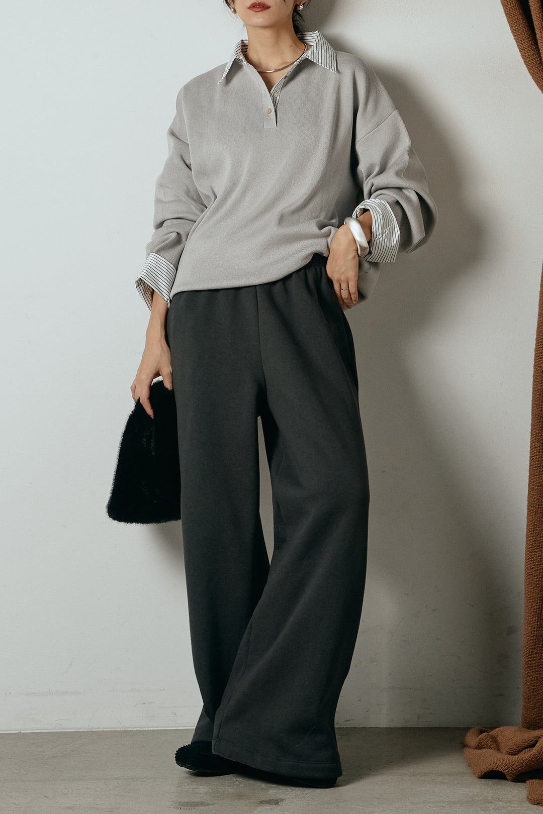 [SET]ストライプシャツドッキングポロトップス+裏起毛スウェットワイドパンツ(2set)