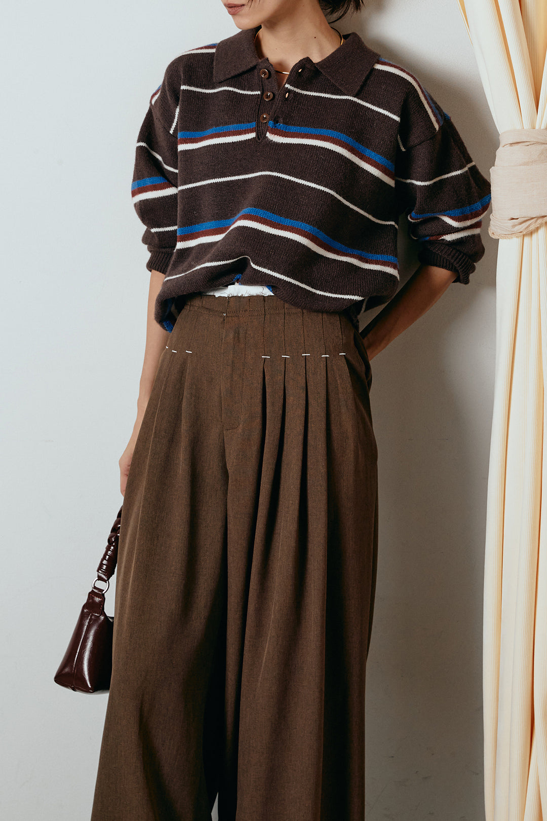 [SET]襟付きマルチボーダーニットポロトップス+ウエストステッチデザインワイドスラックス(2set)