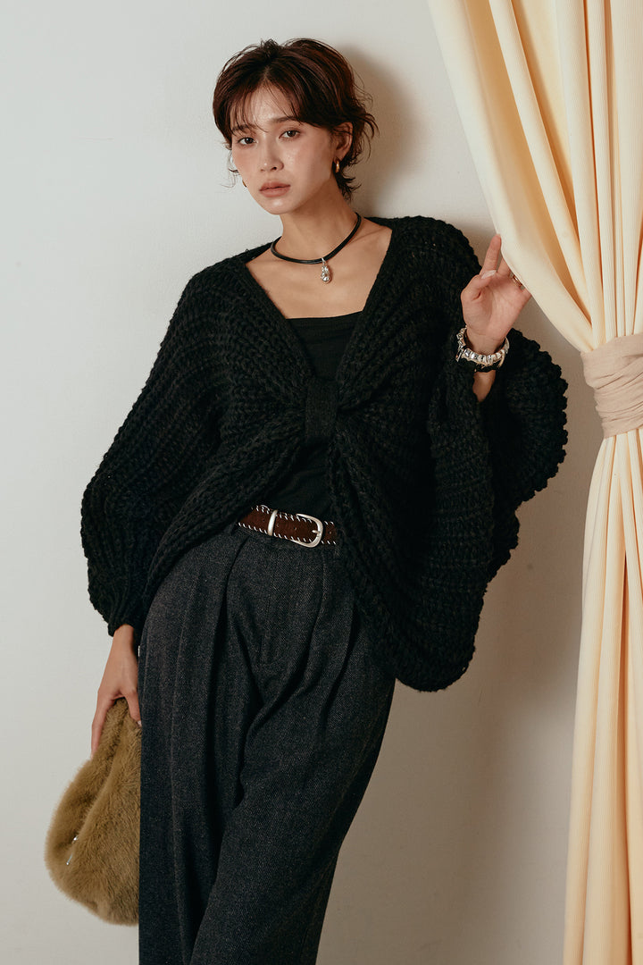 [SET]フロントツイストニット編みトップス+ステッチデザインベルト付きワイドパンツ(2set)
