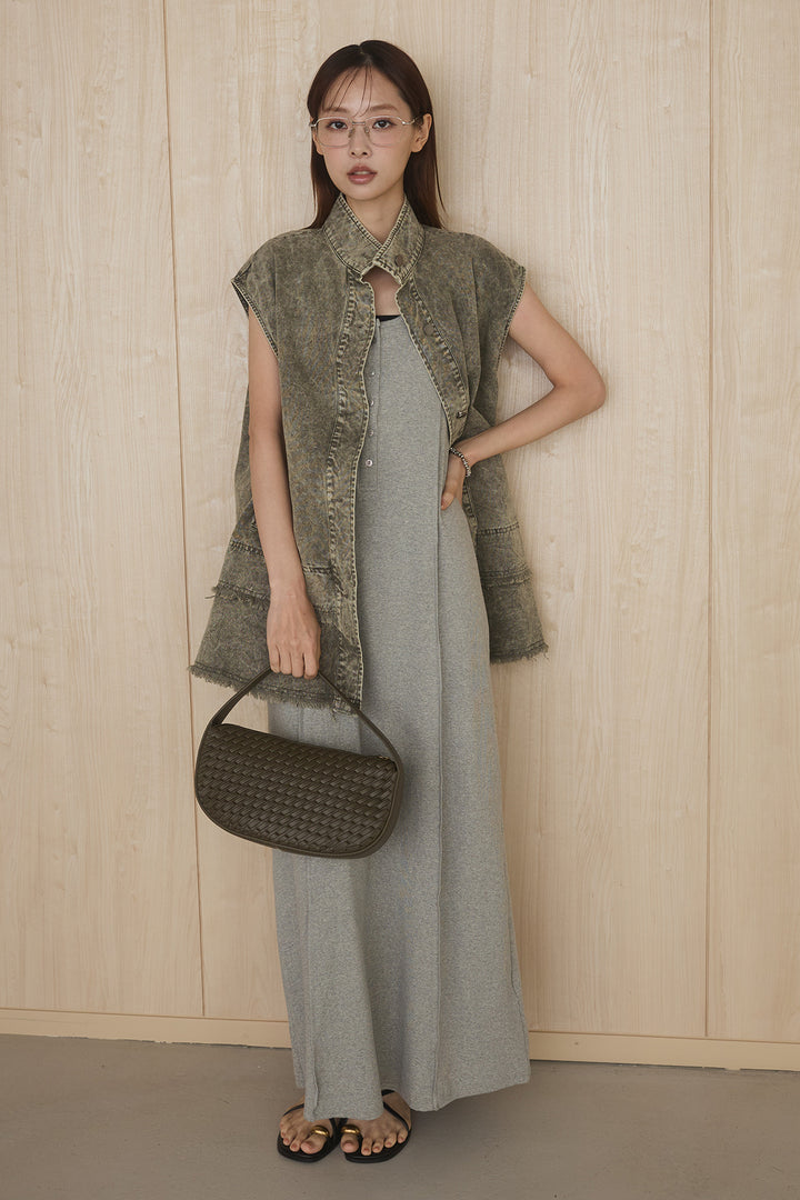 [SET]ケミカルデニムヘムカットオフジレ+ノースリロングワンピース(2set)