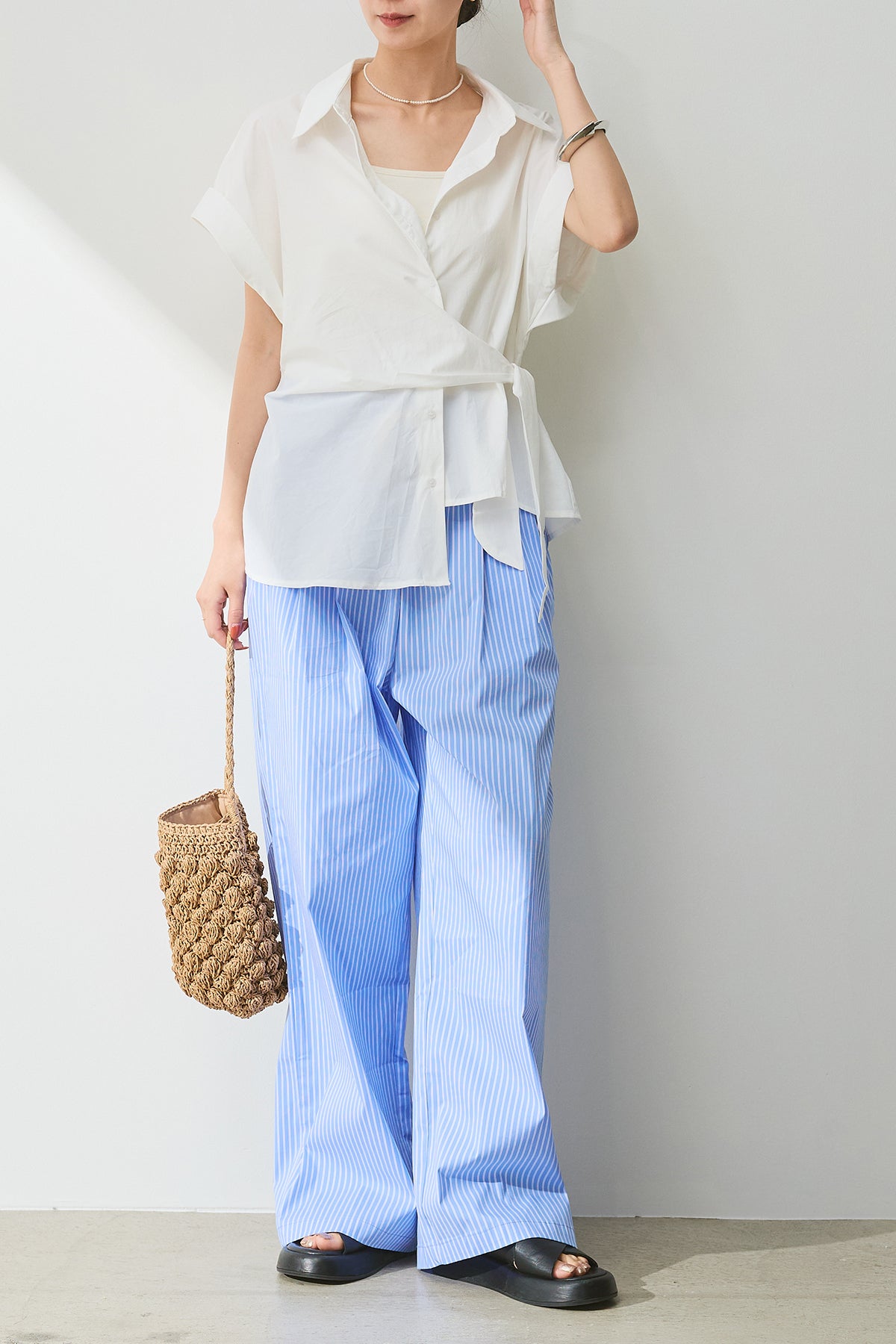 SET]サイドタイフレンチスリーブシャツ+ストライプイージー