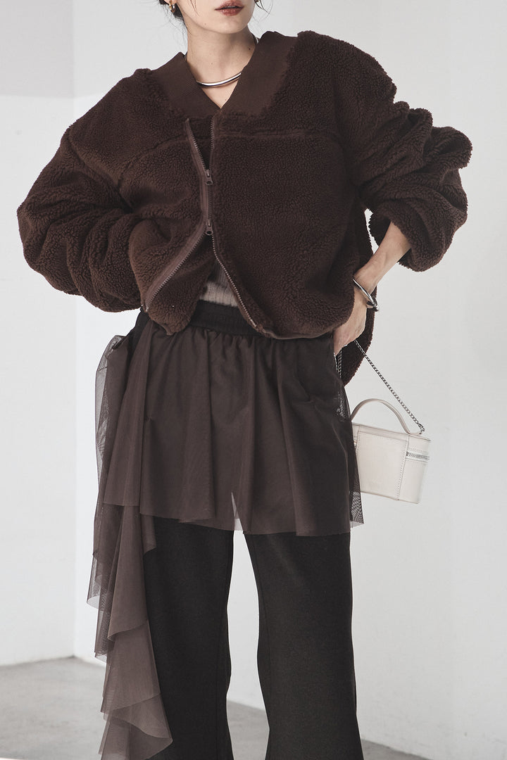 [SET]ノーカラーリブボアアウター+チュールレイヤードニットパンツ(2set)