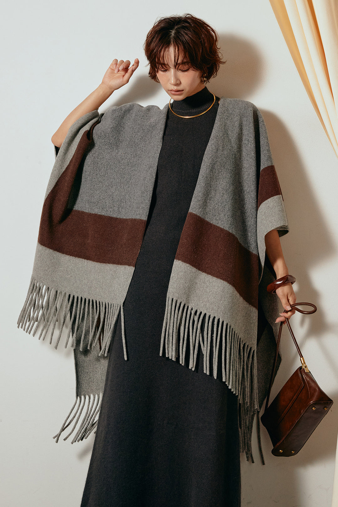 [SET]裾フリンジ柄ポンチョアウター+ノースリーブニットロングワンピース(2set)