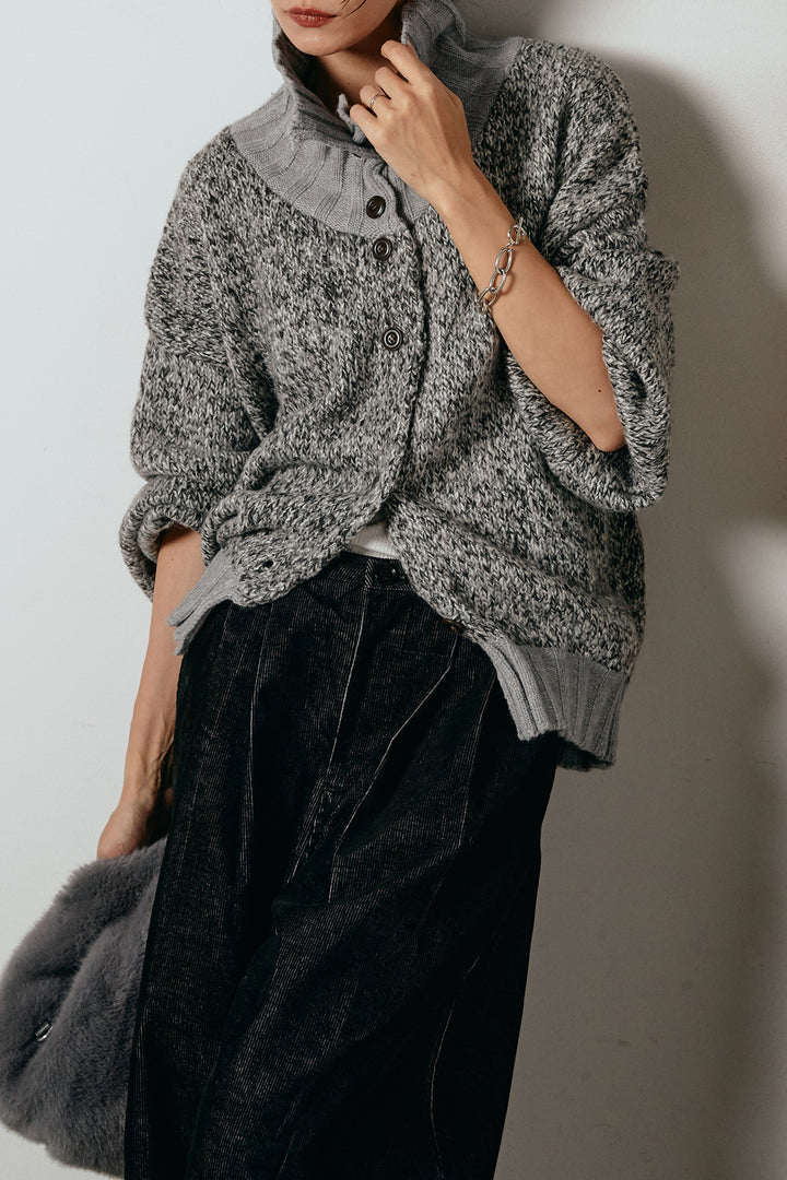 [SET]ハイネックミックスニットカーディガン+フロントタック入りコーデュロイパンツ(2set)