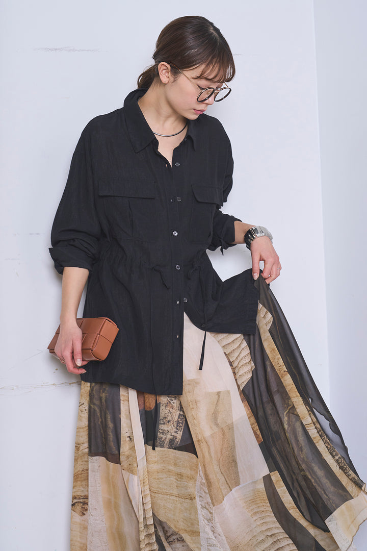 [SET]リネンブレンドシアーサファリシャツ+アートペイント柄スカート(2set)