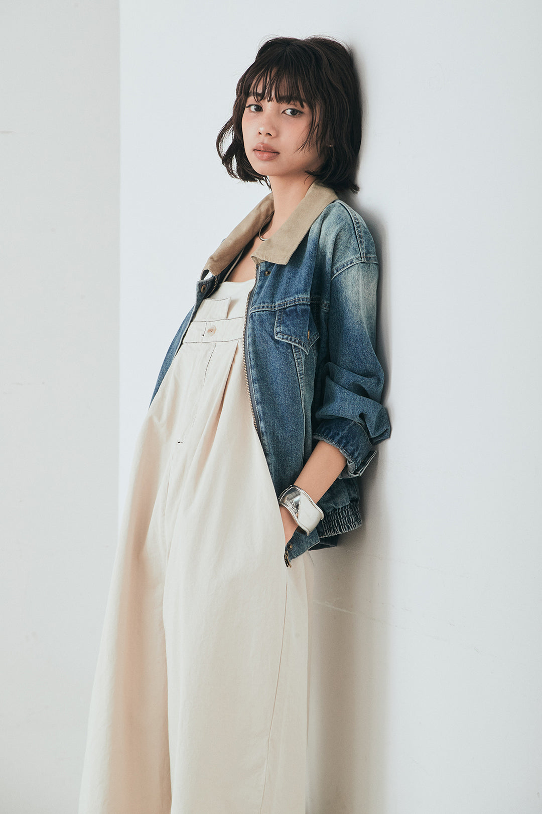 [SET]襟切り替えジップデニムジャケット+綿ツイルアシメサロペット(2set)
