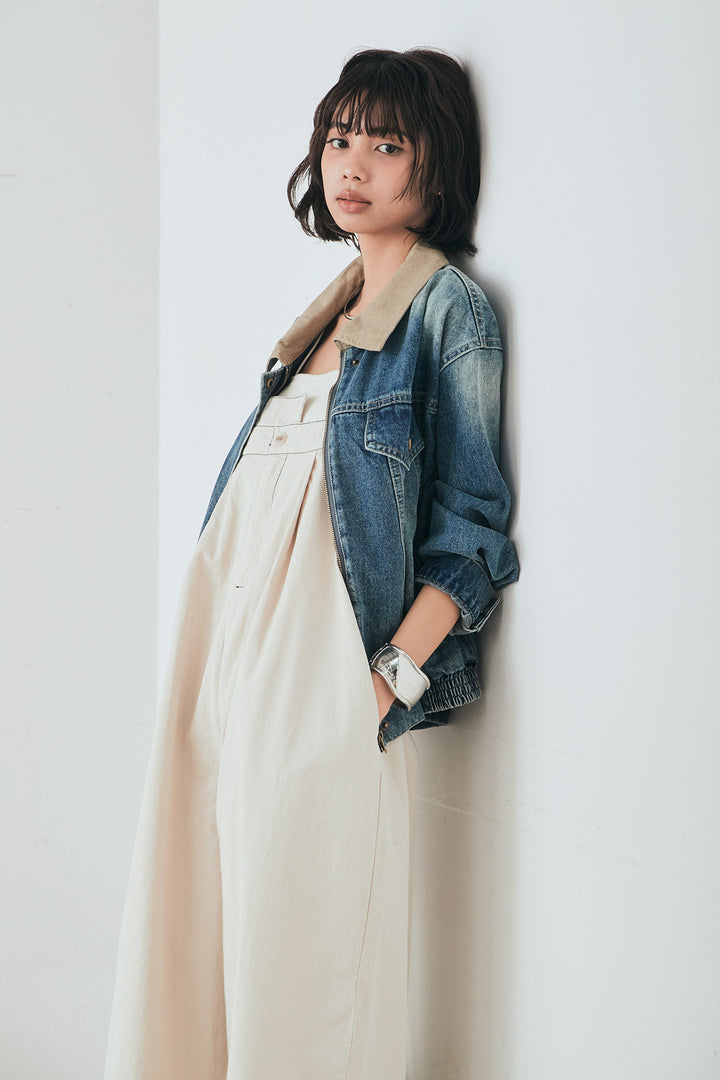 [SET]襟切り替えジップデニムジャケット+綿ツイルアシメサロペット(2set)