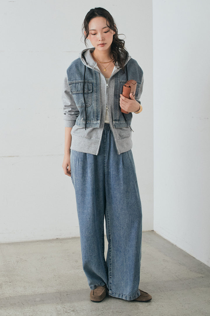 [SET]デニム切替ポンチダブルジップパーカー+テンセルデニムイージーワイドパンツ(2set)