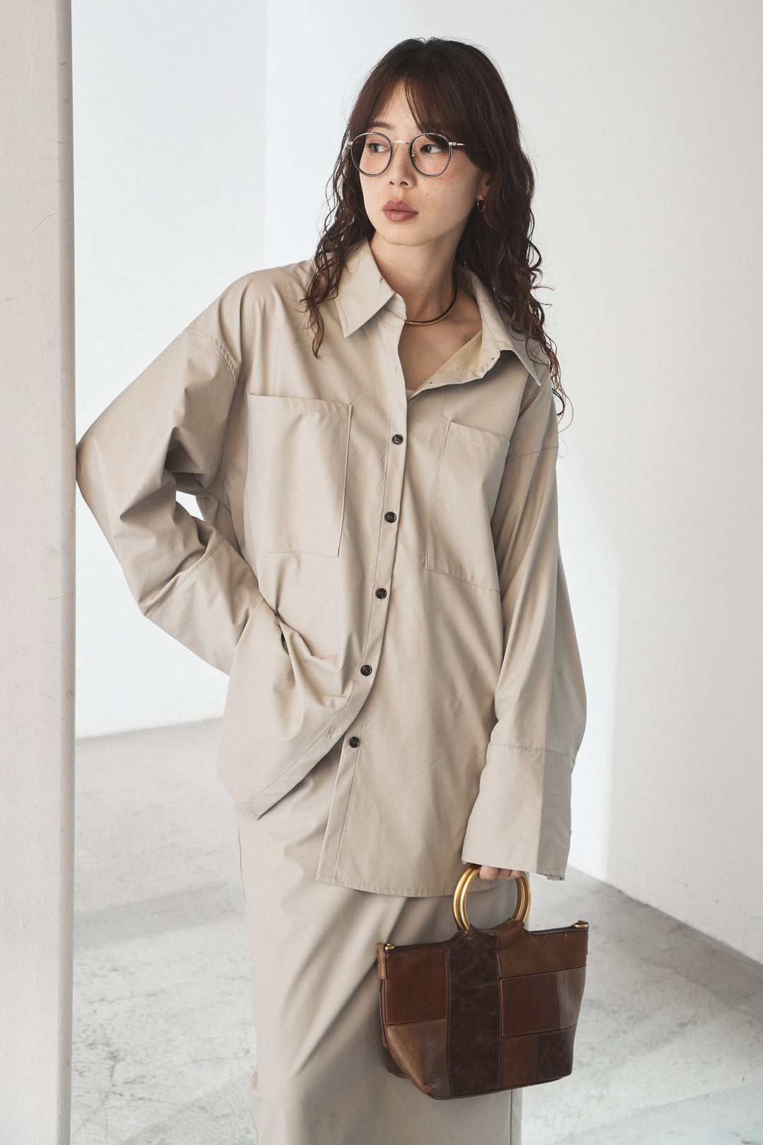 [SET]ウォッシャブルエコレザービックカフスシャツ+ウォッシャブルエコレザーナロースカート(2set)