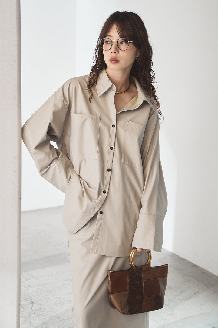 [SET]ウォッシャブルエコレザービックカフスシャツ+ウォッシャブルエコレザーナロースカート(2set)