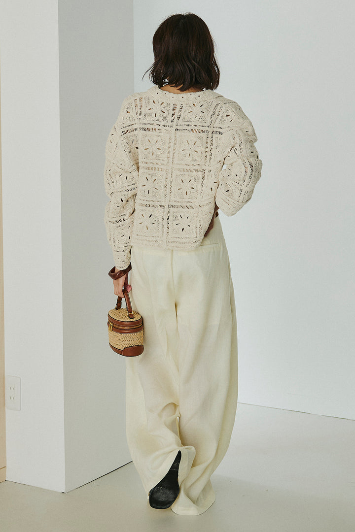 [SET]鍵編みフラワーレースカーディガン+タック入りワイドパンツ(2set)