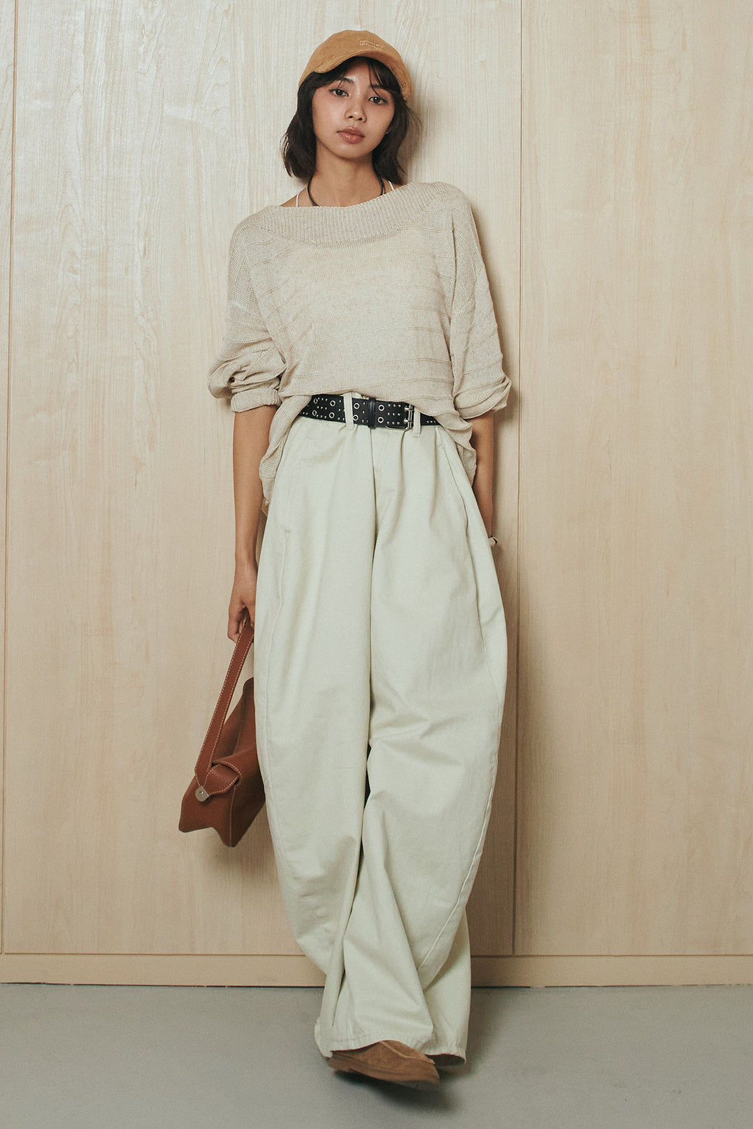 [SET]麻混リラックスニットトップス+ベルト付きカラーデニムパンツ(2set)