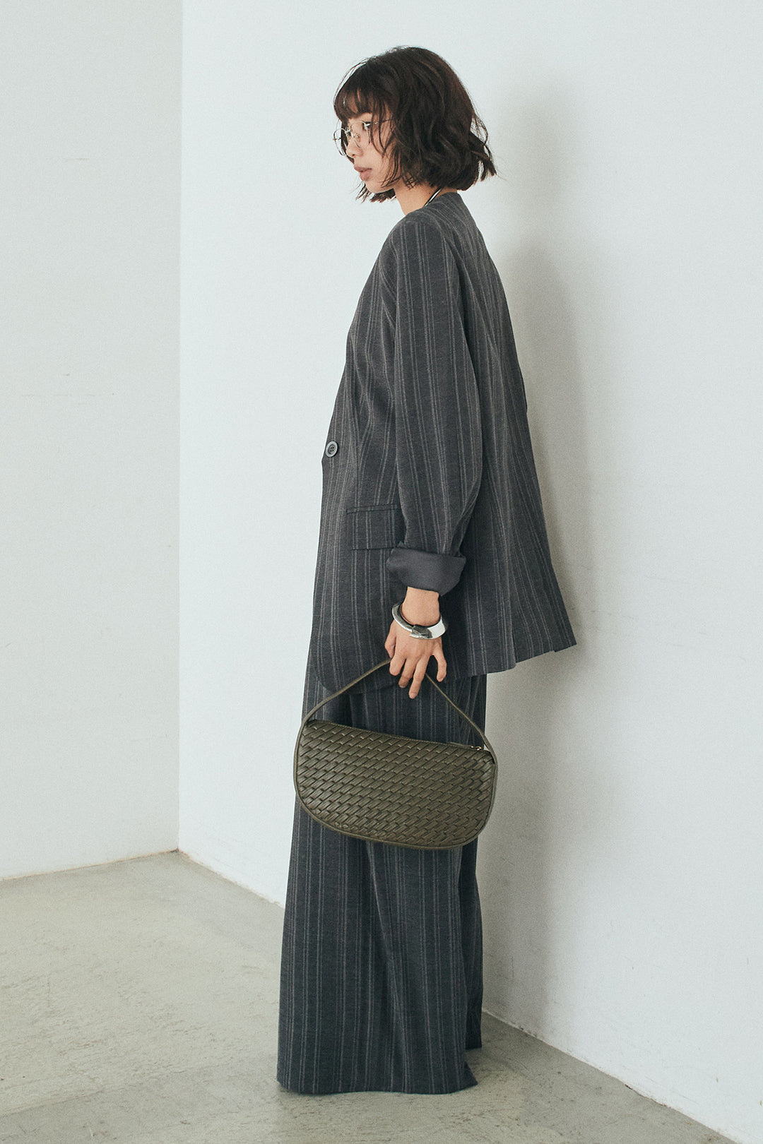 [SET]ノーカラーピンストライプジャケット+ピンストライプワイドスラックス(2set)