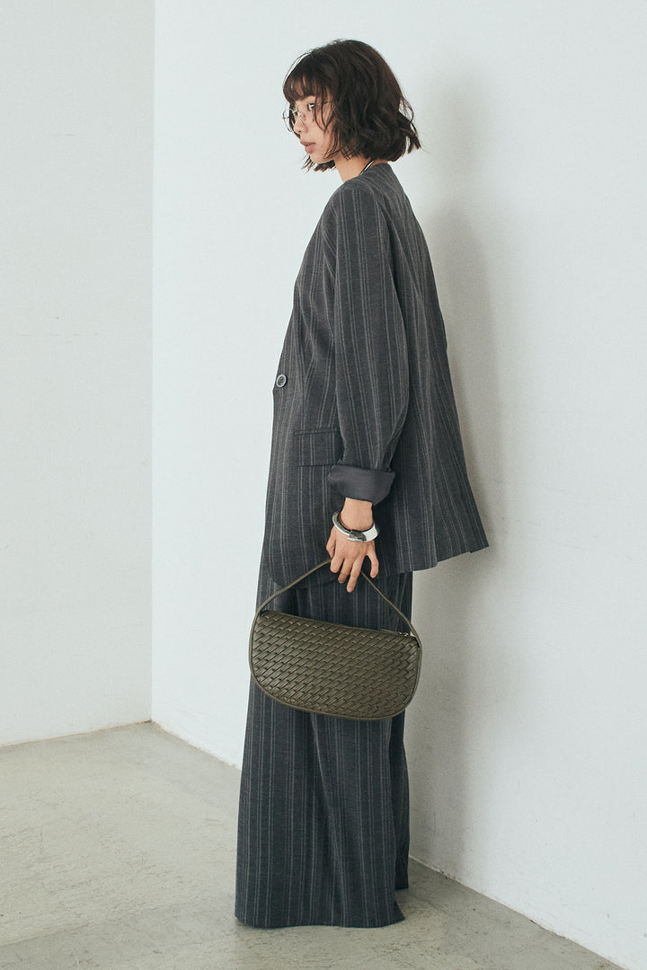 [SET]ノーカラーピンストライプジャケット+ピンストライプワイドスラックス(2set)