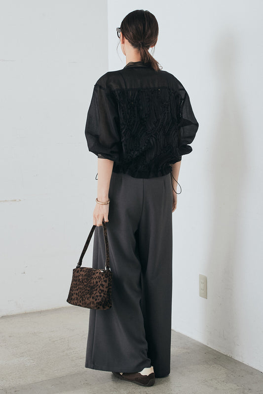 [SET]モチーフ付きシアーブルゾン+ベルト付きツータックワイドパンツ+ベルト付きツータックワイドパンツ(3set)