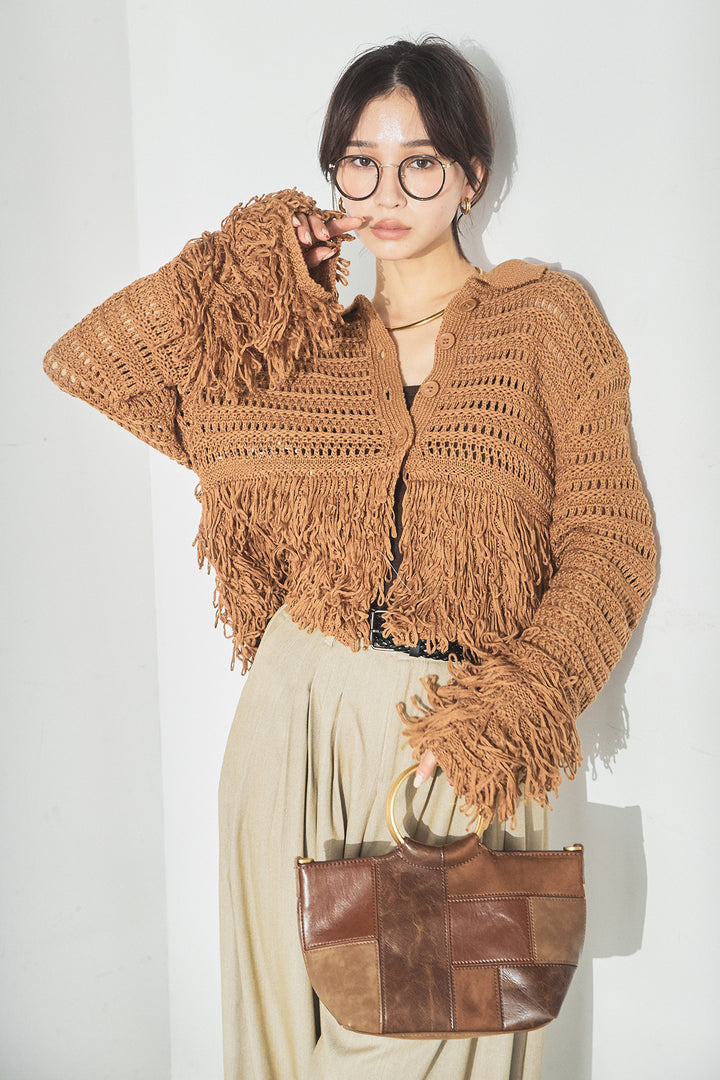 [SET]メッシュフリンジカーディガン+編みベルト付きウエストタックワイドパンツ(2set)