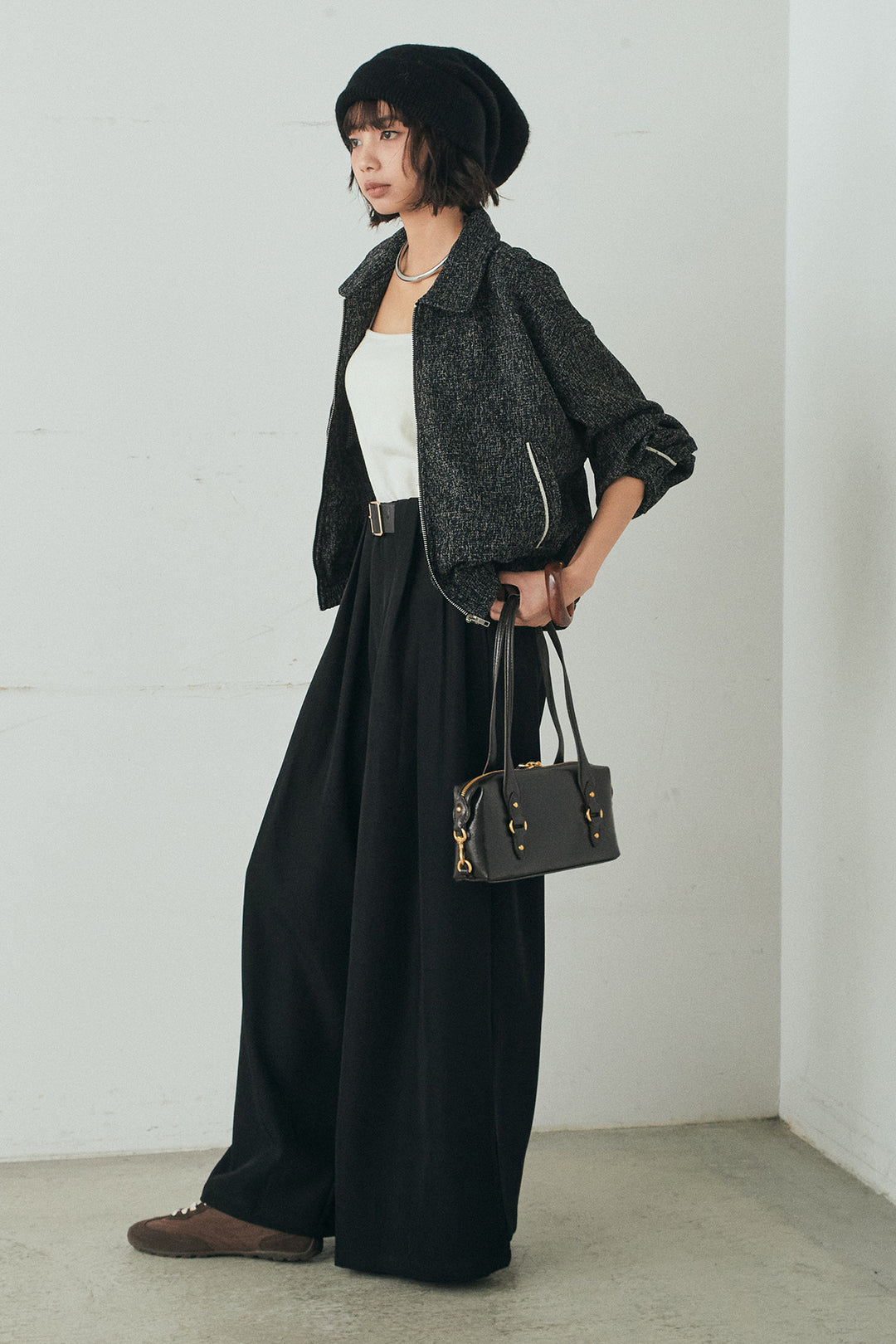 [SET]ツイード配色パイピングブルゾン+ベルト付きタックデザインハイウエストロングパンツ(2set)