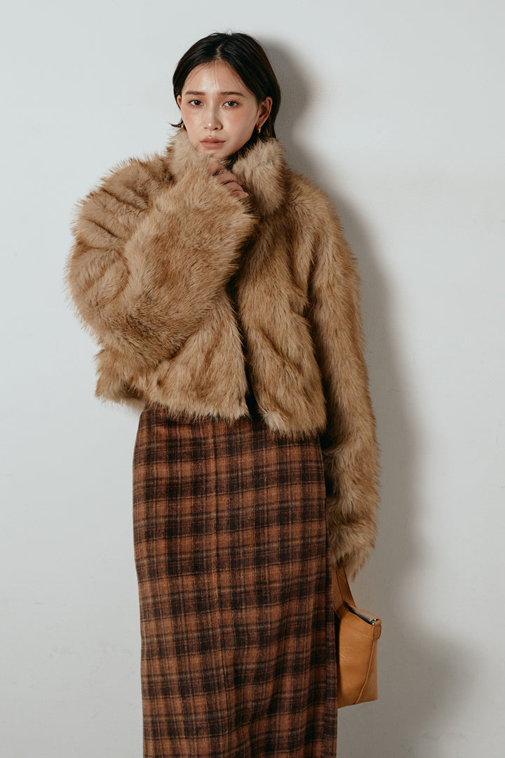 [SET]エコファーショート丈ブルゾン+シャギーチェックストレートスカート(2set)