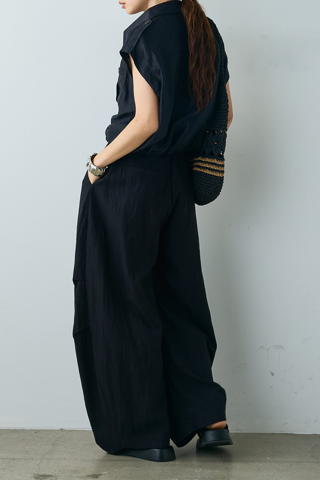 [SET]襟付きウエスト絞りシアーシャツ+デザインタックワイドパンツ(2set)