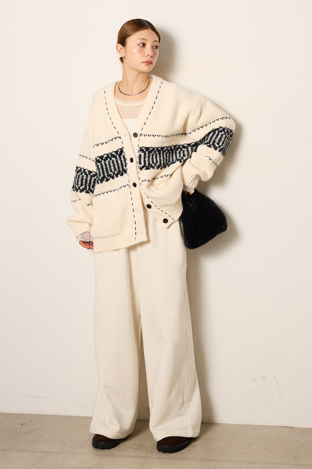 [SET]ライン柄ステッチニットカーディガン+2WAY袖コード刺繍クルーネックプルオーバー(2set)