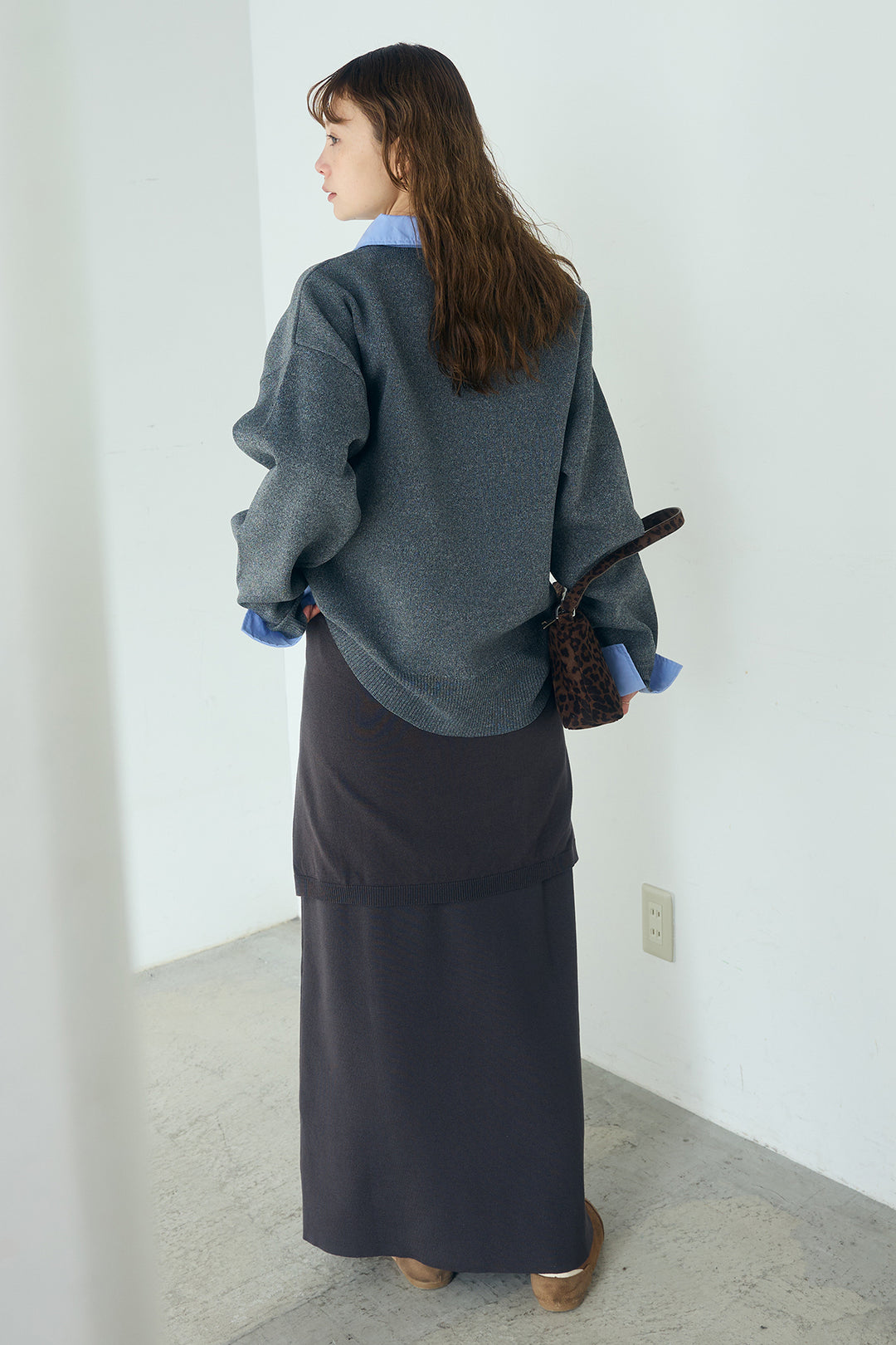 [SET]シャツレイヤード風カーディガン+レイヤードニット巻きスカート(2set)