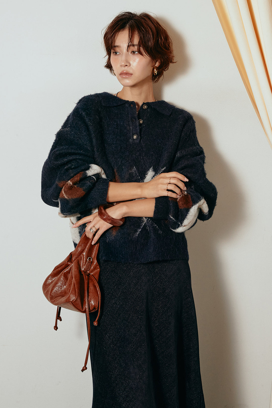 [SET]アーガイル柄ポロニットトップス+スウェードライクロングスカート(2set)