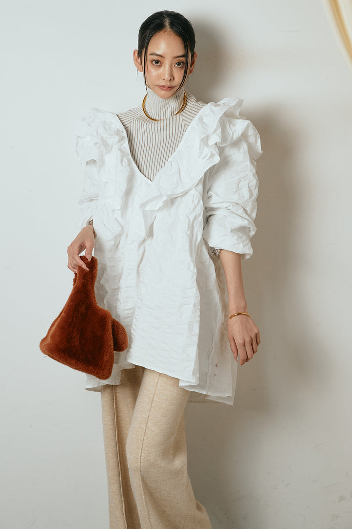 [SET]Vネックフリルカラーブラウス+センターラインニットパンツ(2set)