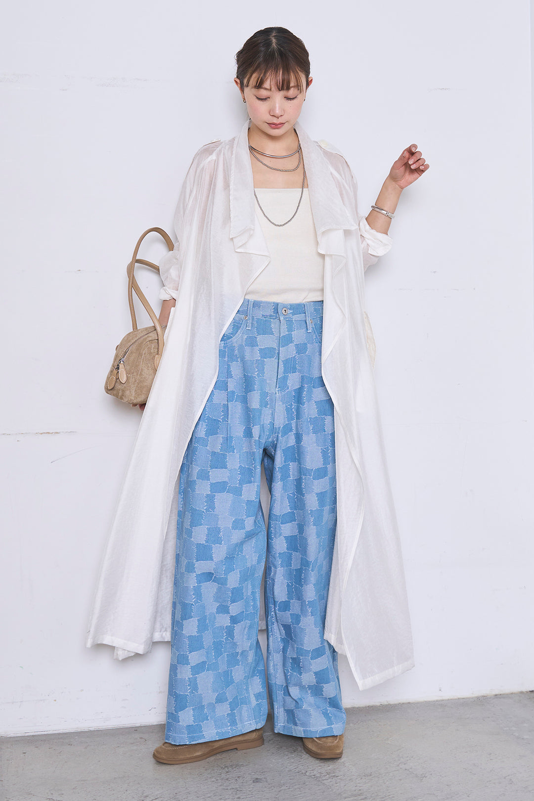 [SET]ロングシアーアウター+パッチワーク風デニムワイドパンツ(2set)