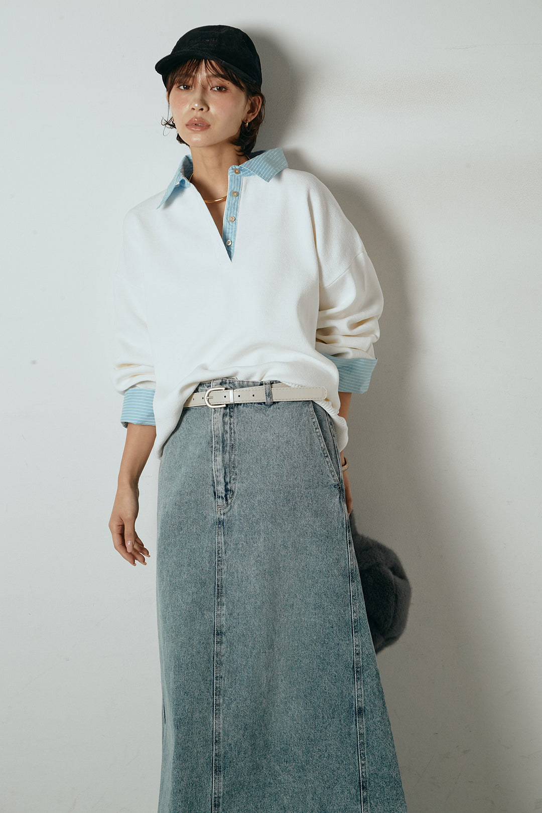 [SET]ストライプシャツドッキングポロトップス+デニムロングフレアスカート(2set)