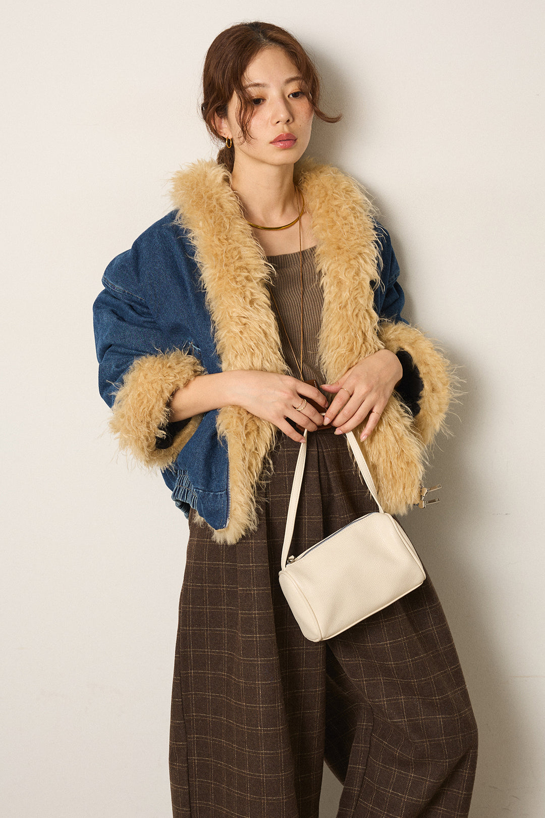 [SET]エコファーデニムボアジャケット+ウールライクチェックタックパンツ(2set)