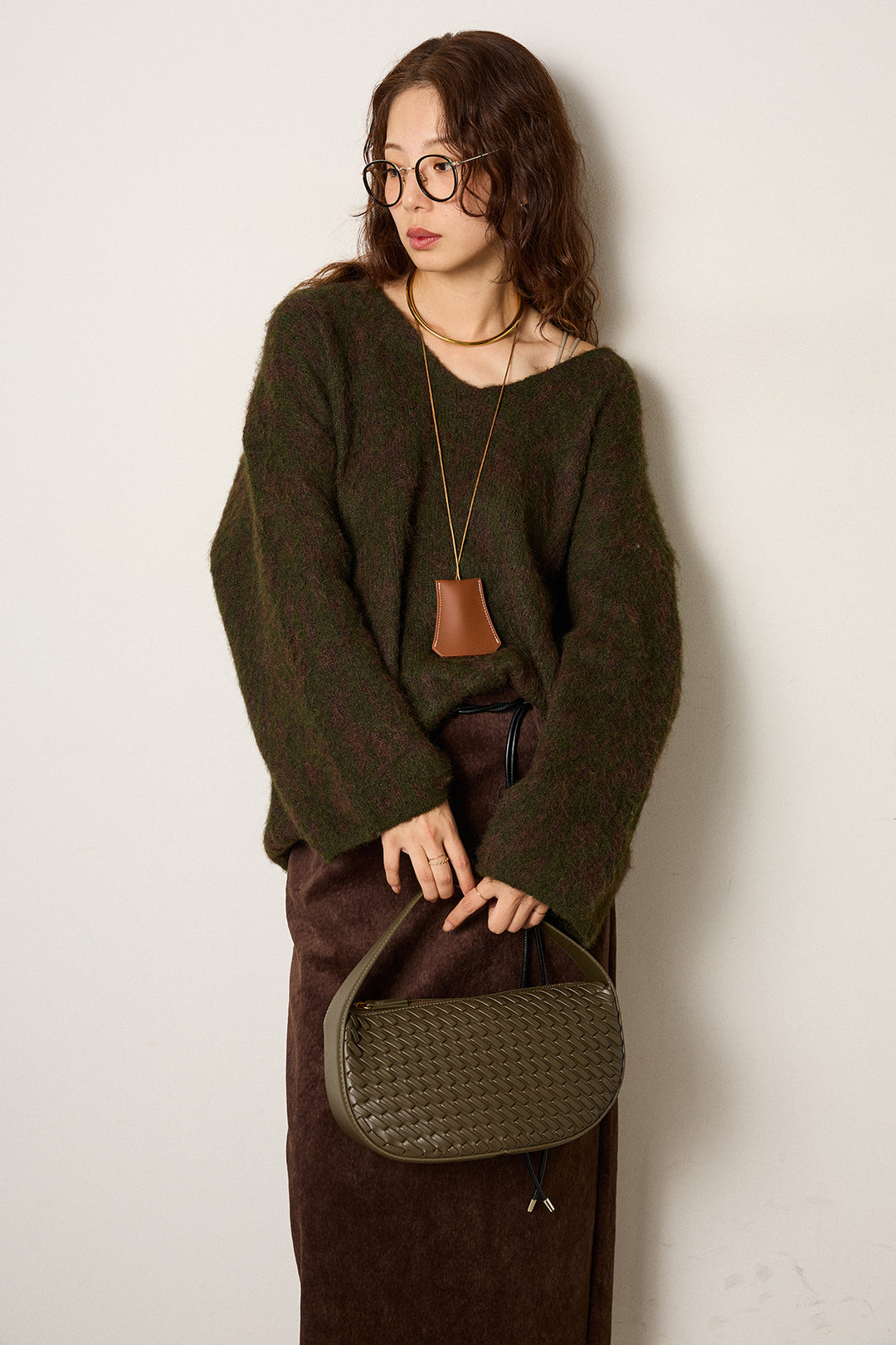 [SET]フラッフィーレオパードシャギーニット+ロープベルト付きスウェード調スカート(2set)