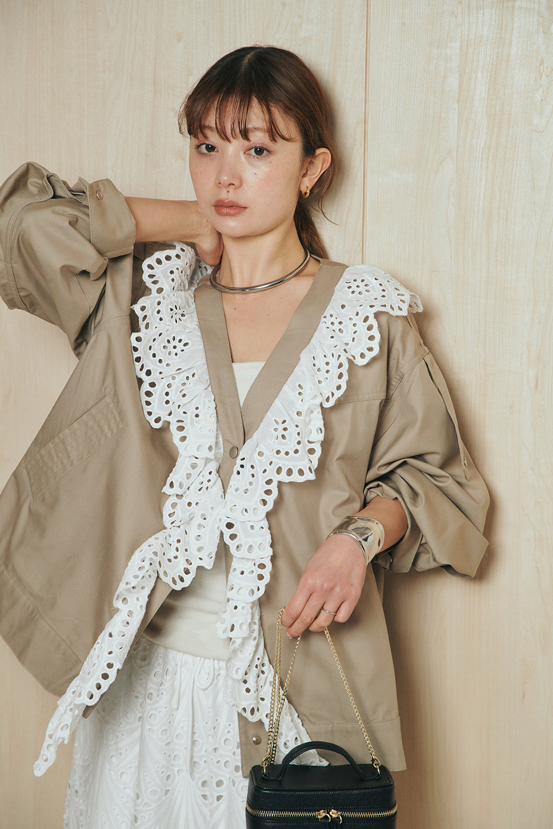 [SET]レースフリルドッキングアウター+レース刺繍リラックスパンツ(2set)