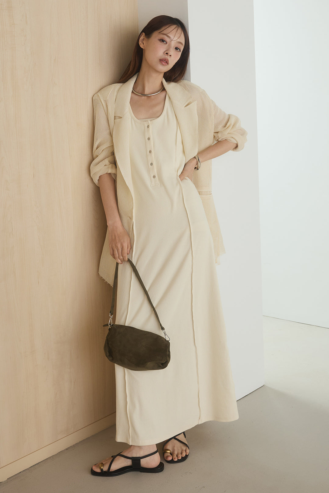 [SET]メッシュテーラードワイドジャケット+ノースリロングワンピース(2set)