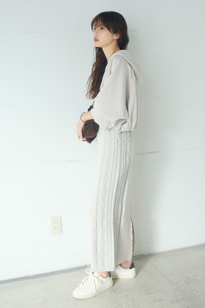 [SET]ドルマンショートフーディー+異素材ドッキングケーブルニットスカート(2set)