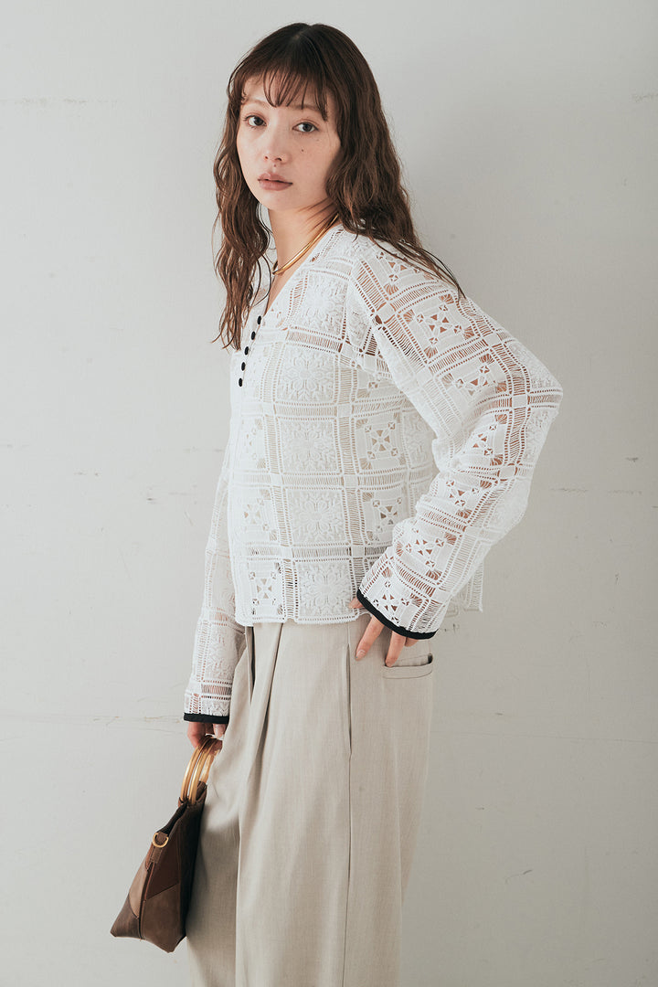 [SET]クロシェレースカーディガン+センタープレスセミワイドパンツ(2set)