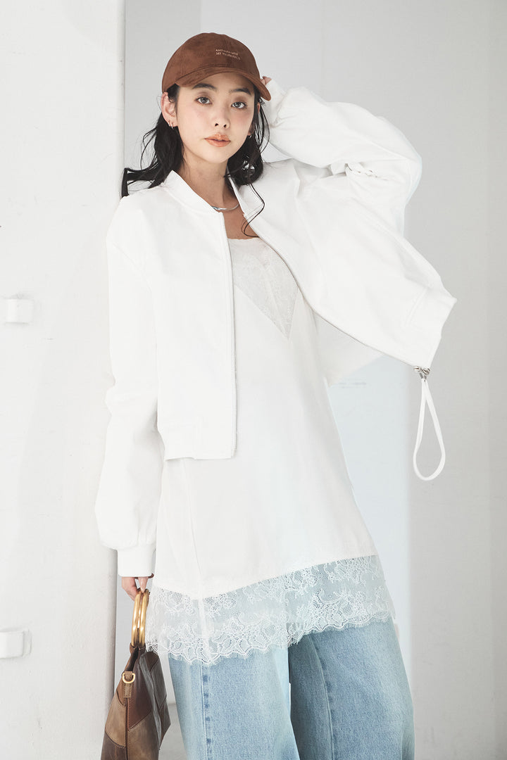 [SET]袖ギャザーデザインブルゾン+デニムアシメカーブパンツ(2set)