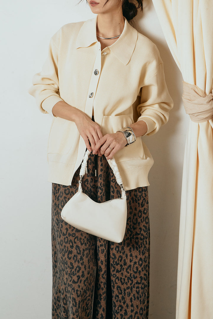 [SET]メタル釦衿付きニットカーディガン+リラックスレオパード柄ワイドパンツ(2set)