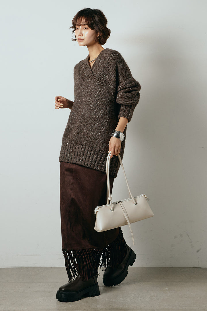 [SET]Vネックラメニットトップス+スウェードライク裾フリンジスカート(2set)