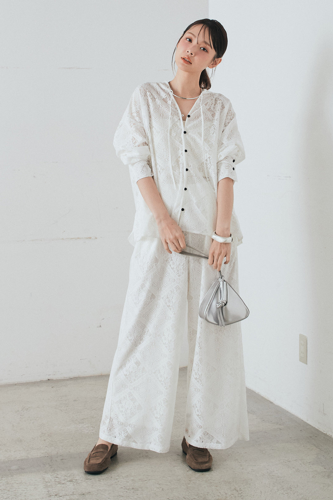 [SET]ブロックレースフード付きブラウス+リラックスブロックレースワイドパンツ(2set)