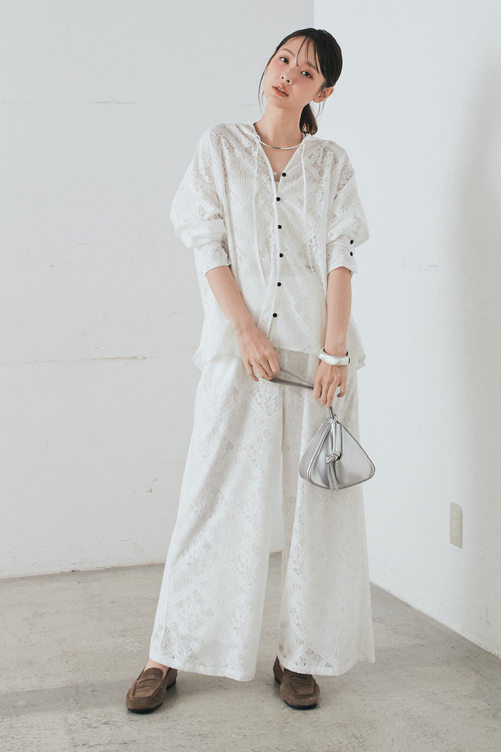 [SET]ブロックレースフード付きブラウス+リラックスブロックレースワイドパンツ(2set)
