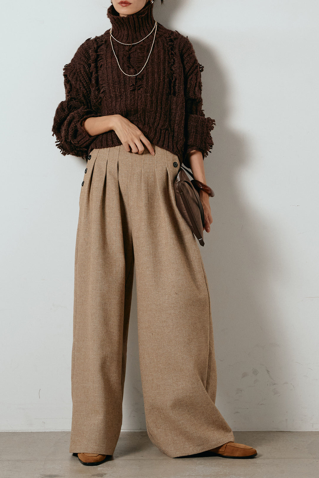 [SET]フリンジタートルショートニット+サイドボタンツイードタックパンツ(2set)