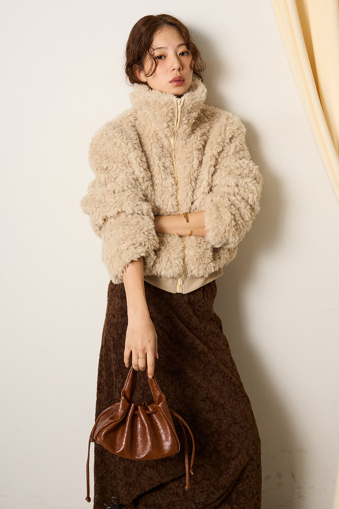 [SET]スタンドカラー裾リブボアブルゾン+花柄刺繍ベロアフレアスカート(2set)