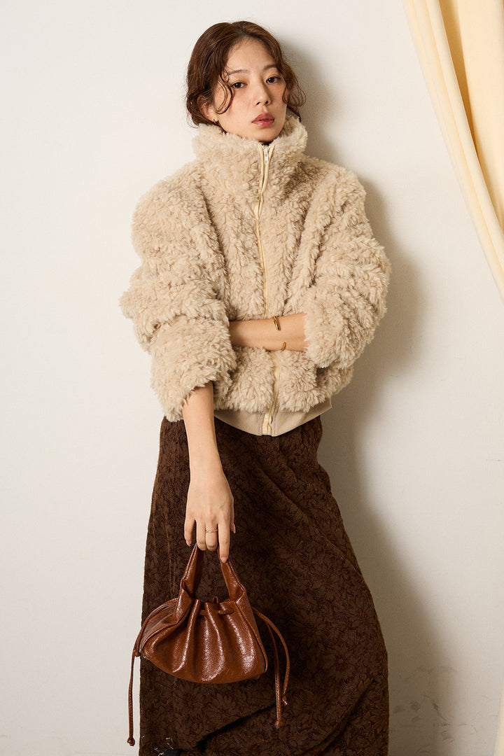 [SET]スタンドカラー裾リブボアブルゾン+花柄刺繍ベロアフレアスカート(2set)