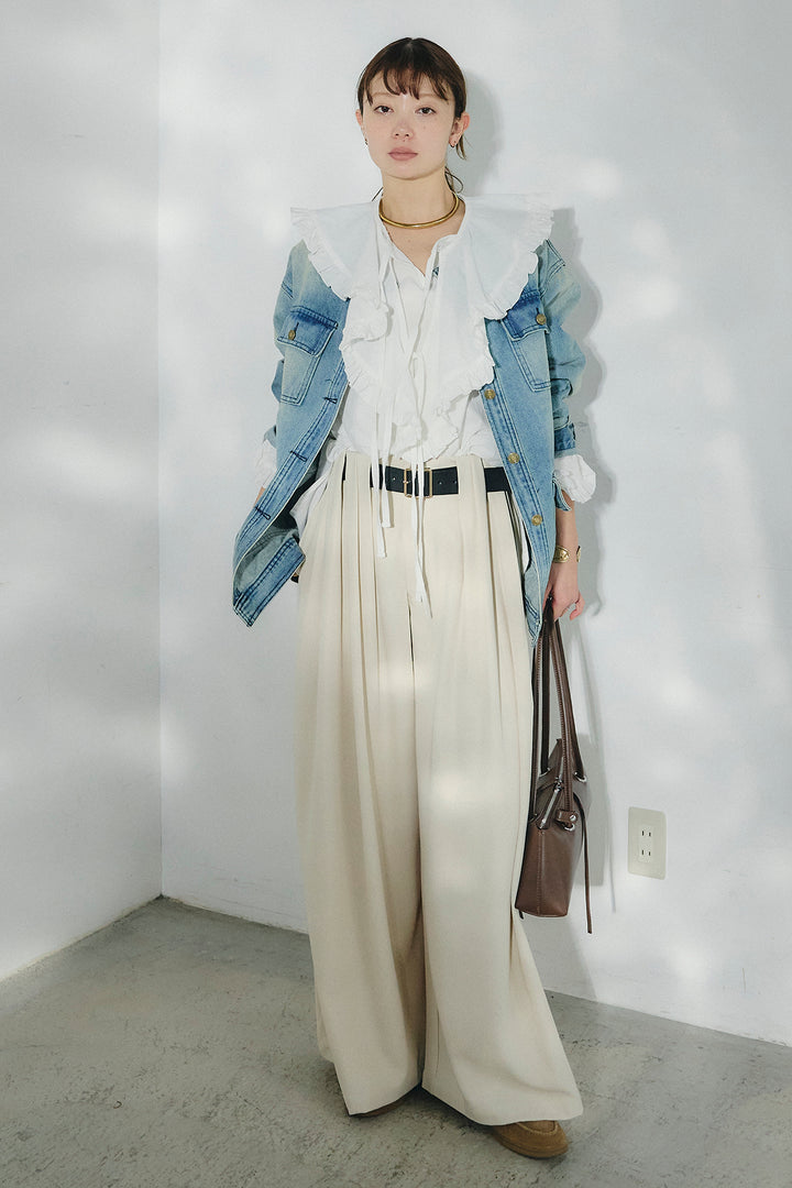 [SET]ノーカラーデニムポケットジャケット+コットンフリルブラウス+ベルト付きタックデザインハイウエストロングパンツ(3set)